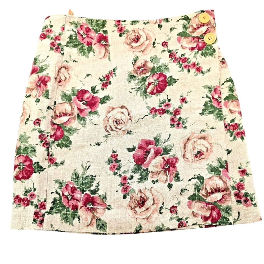 Vtg 90s Cottontail Originals Floral Linen Cotton Wrap Mini Skirt Jrs 7‎ XS 24.5w